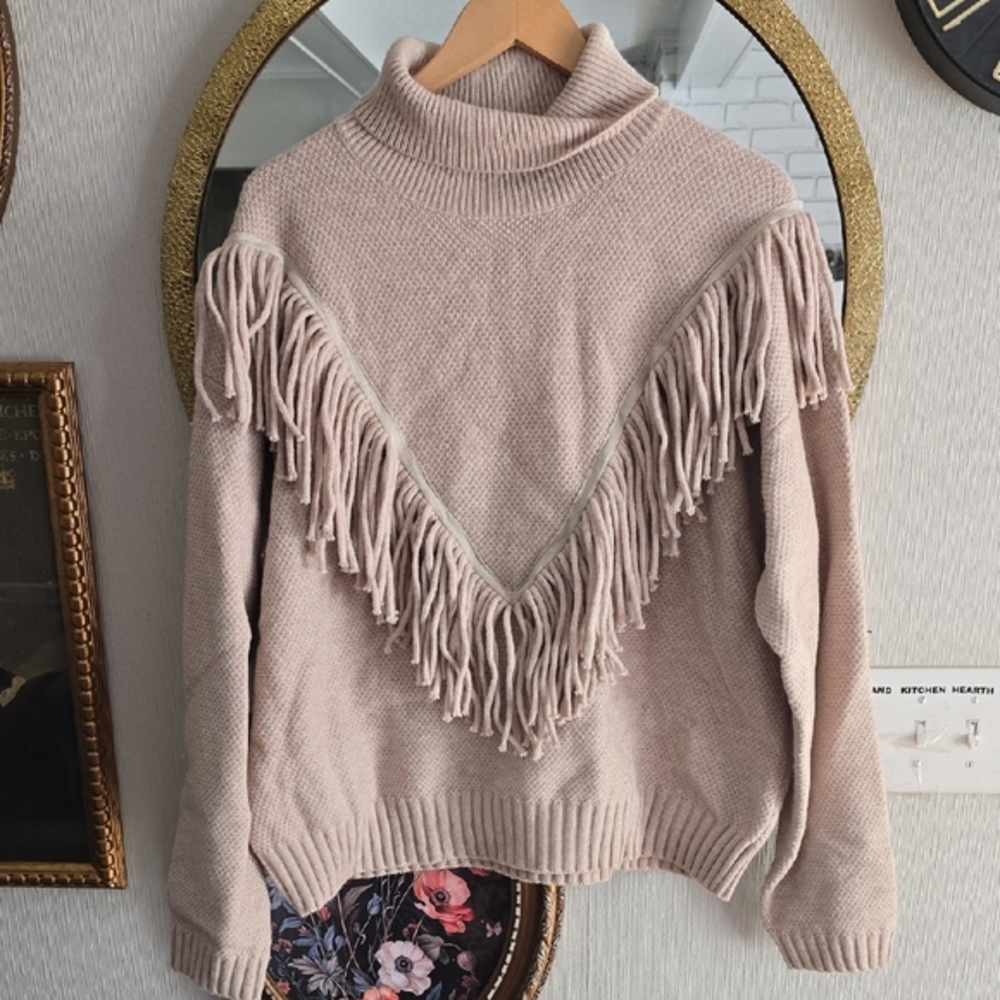 Grace & Karma Elegant Fringe Turtleneck Sweater - Beige‎ 1X